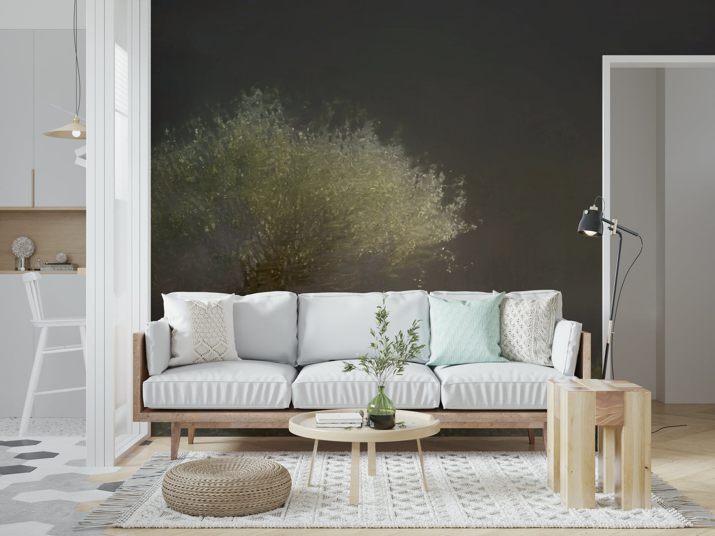 A contemplative gentle light wallpaper mural for a feature wall.