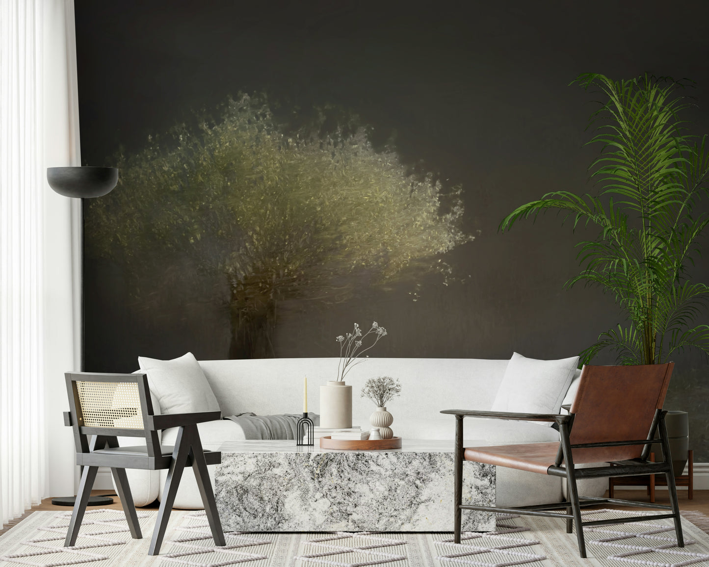A graceful subtle tree wall mural in cool, natural tones.