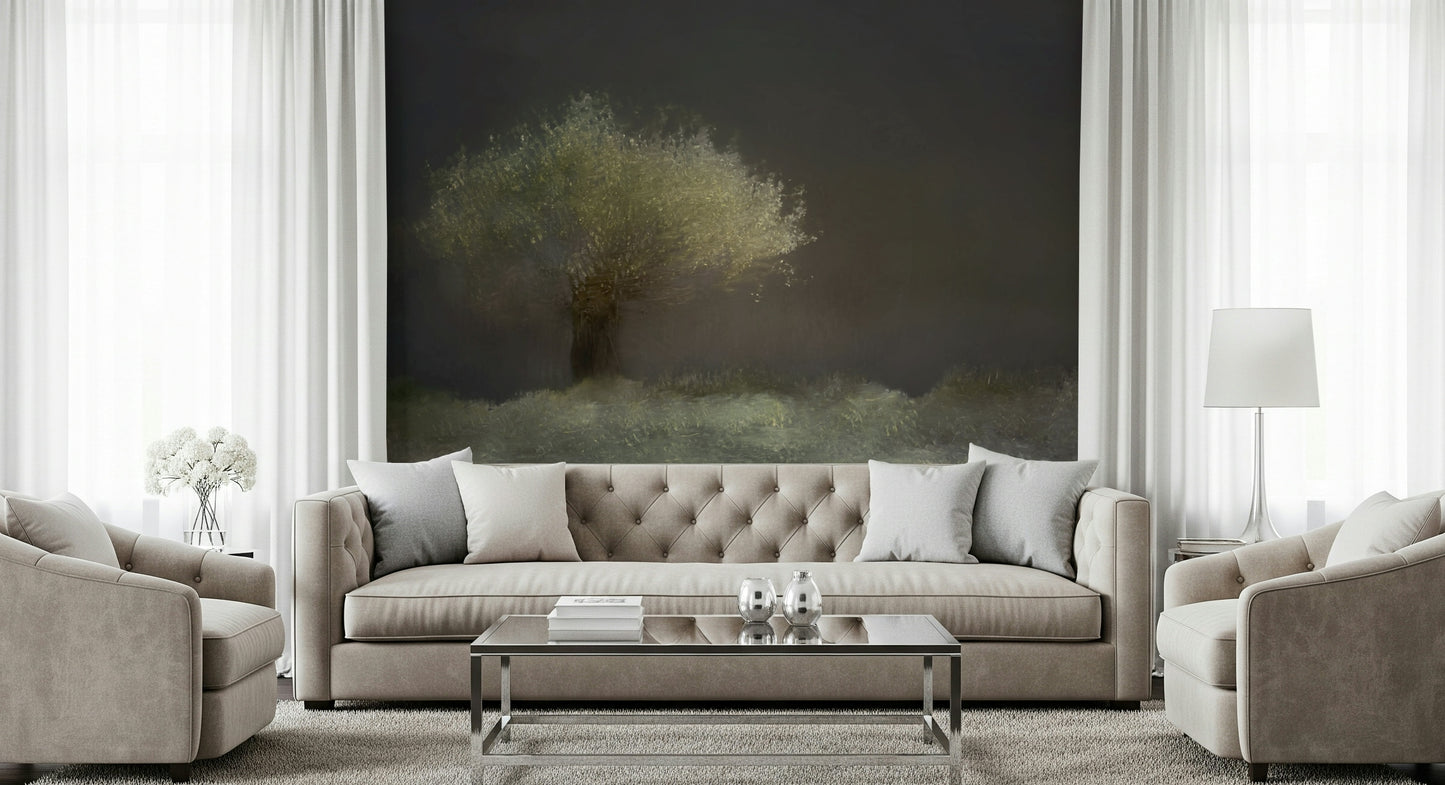 A calming serene forest wallpaper mural that defines a space.