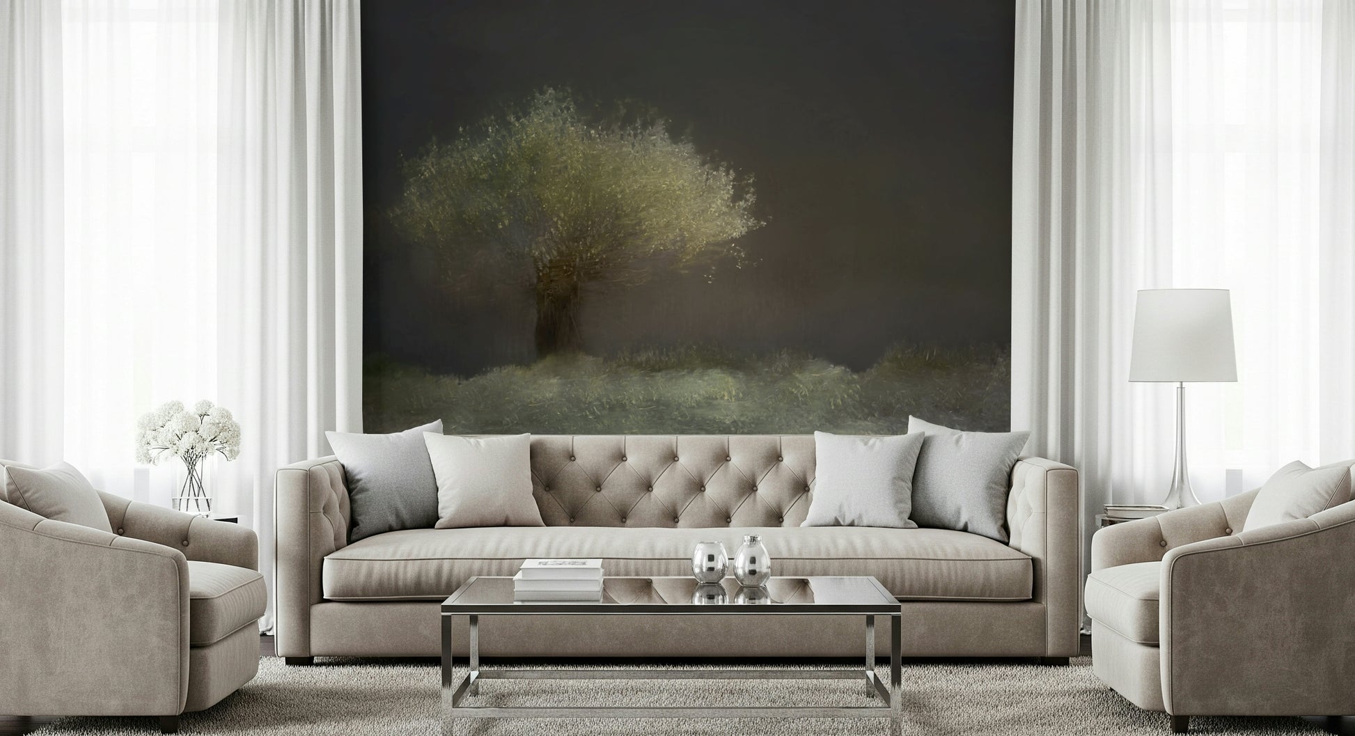 A calming serene forest wallpaper mural that defines a space.