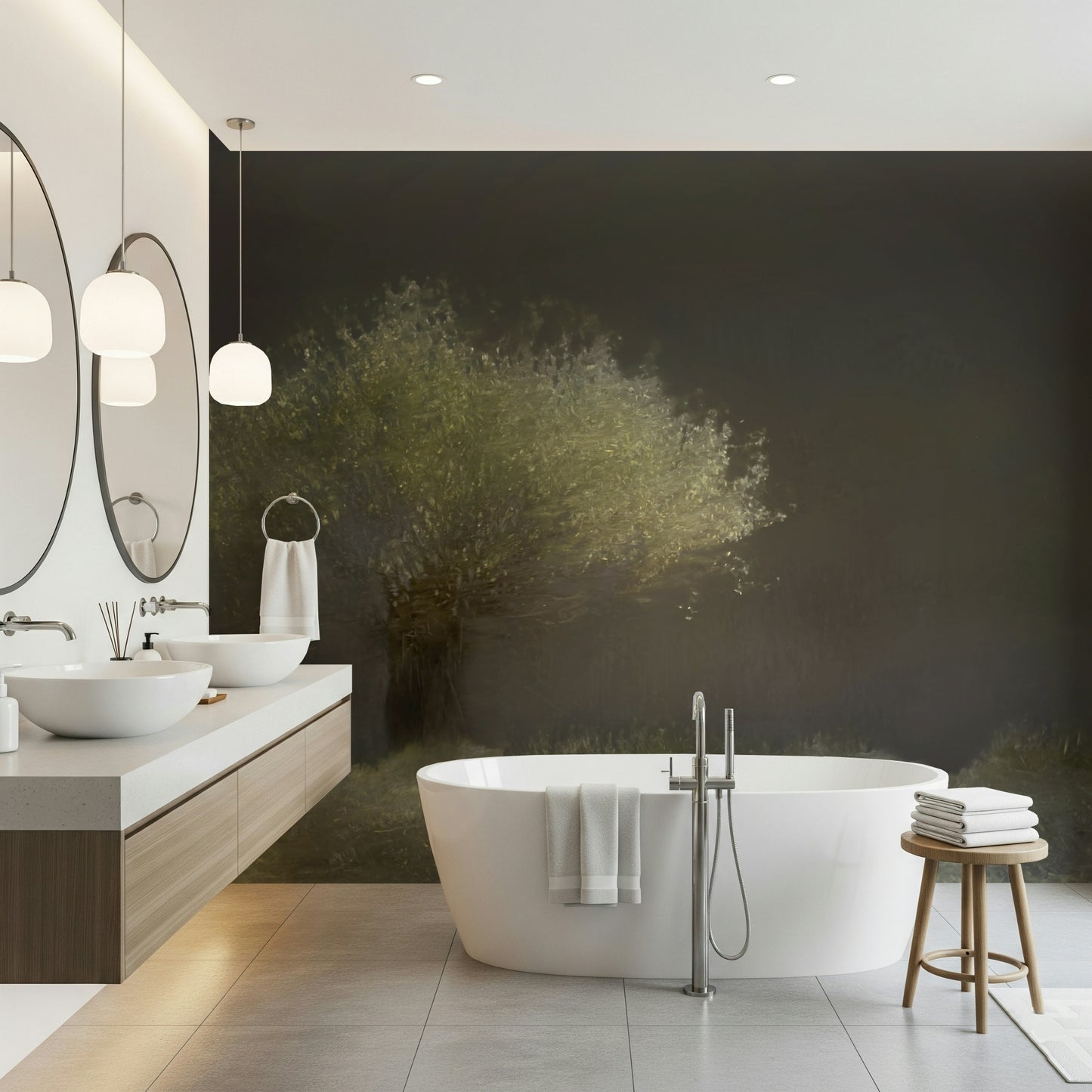 A beautiful luminous tree wallpaper mural with subtle, misty light.