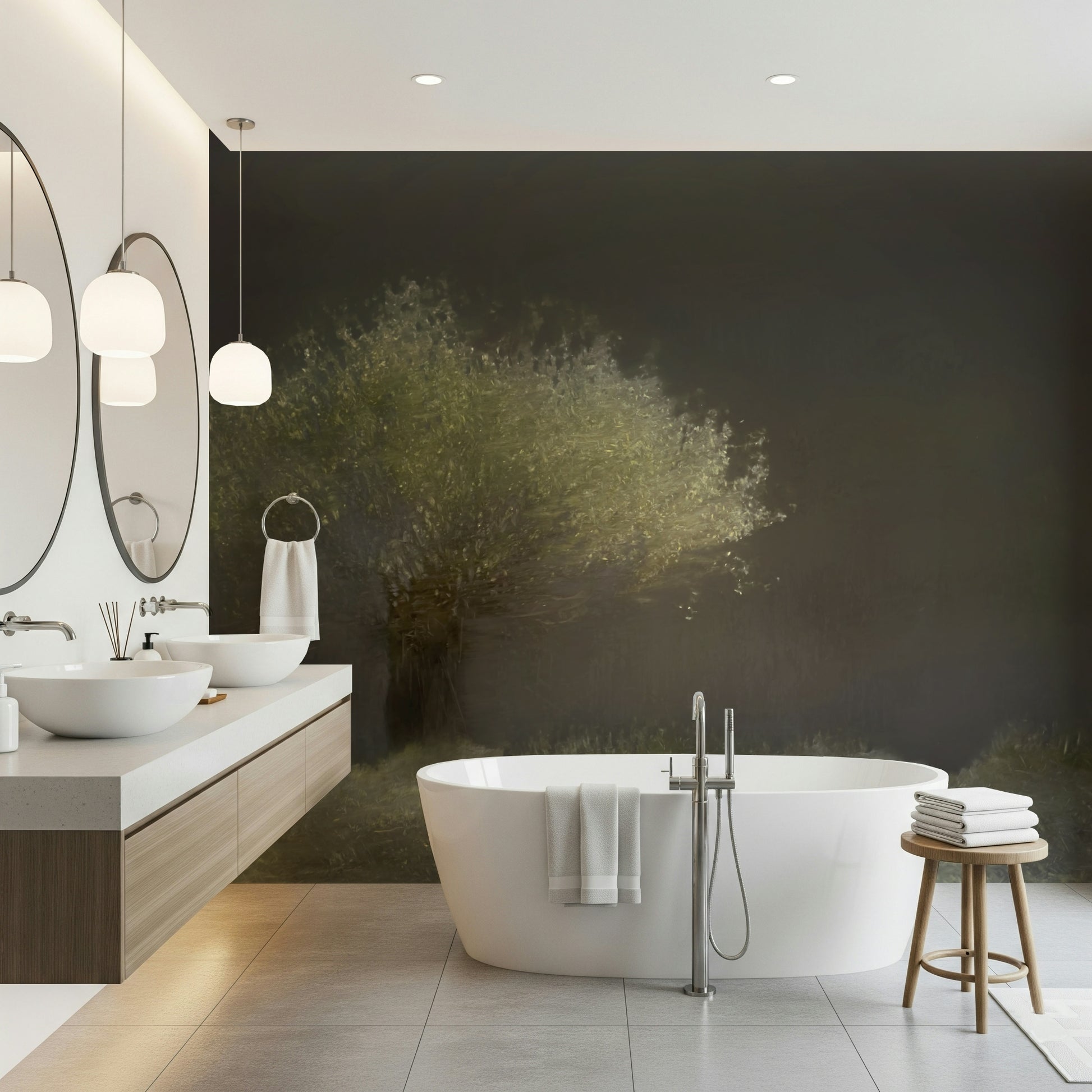 A beautiful luminous tree wallpaper mural with subtle, misty light.