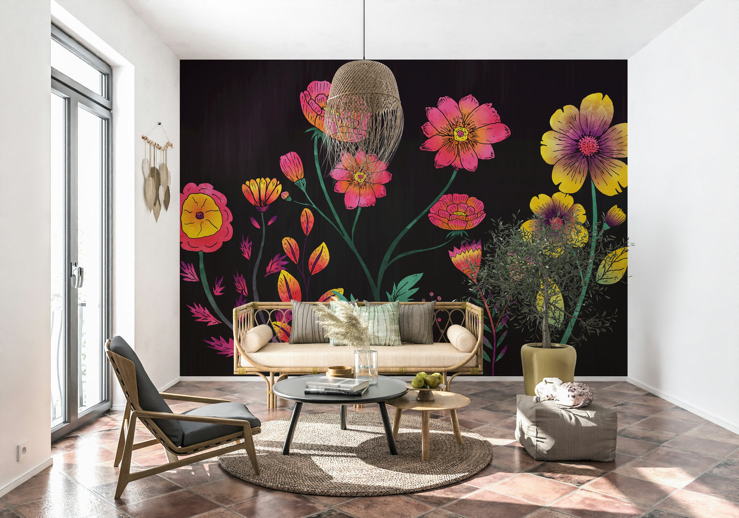 An artistic delicate bloom mural on minimalist wallpaper.