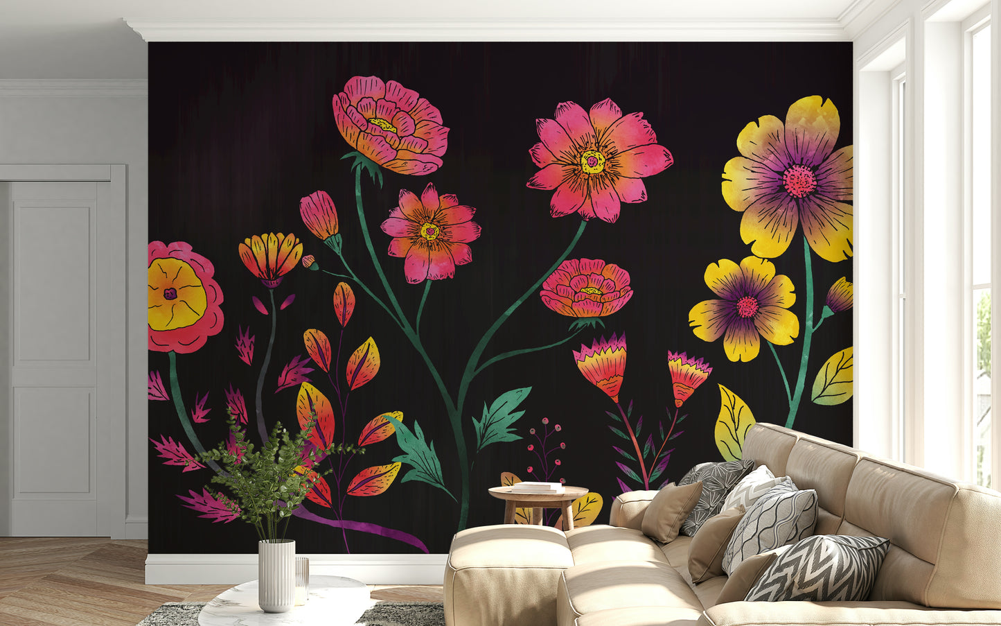 A calming floral design wallpaper mural that defines a space.