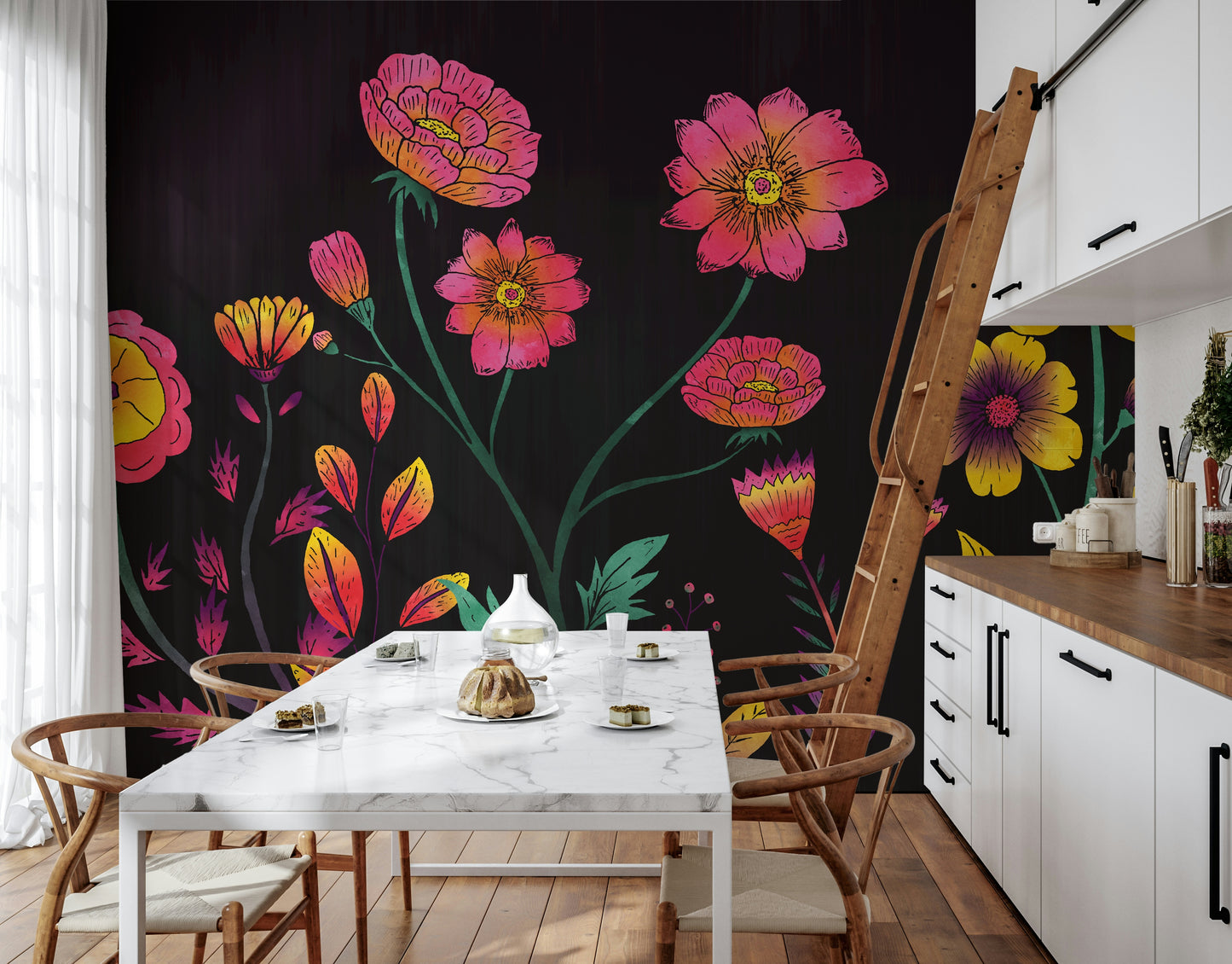 A graceful subtle flower wall mural in soft, elegant tones.
