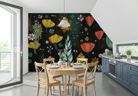 A peaceful flower design mural on decorative wallpaper.