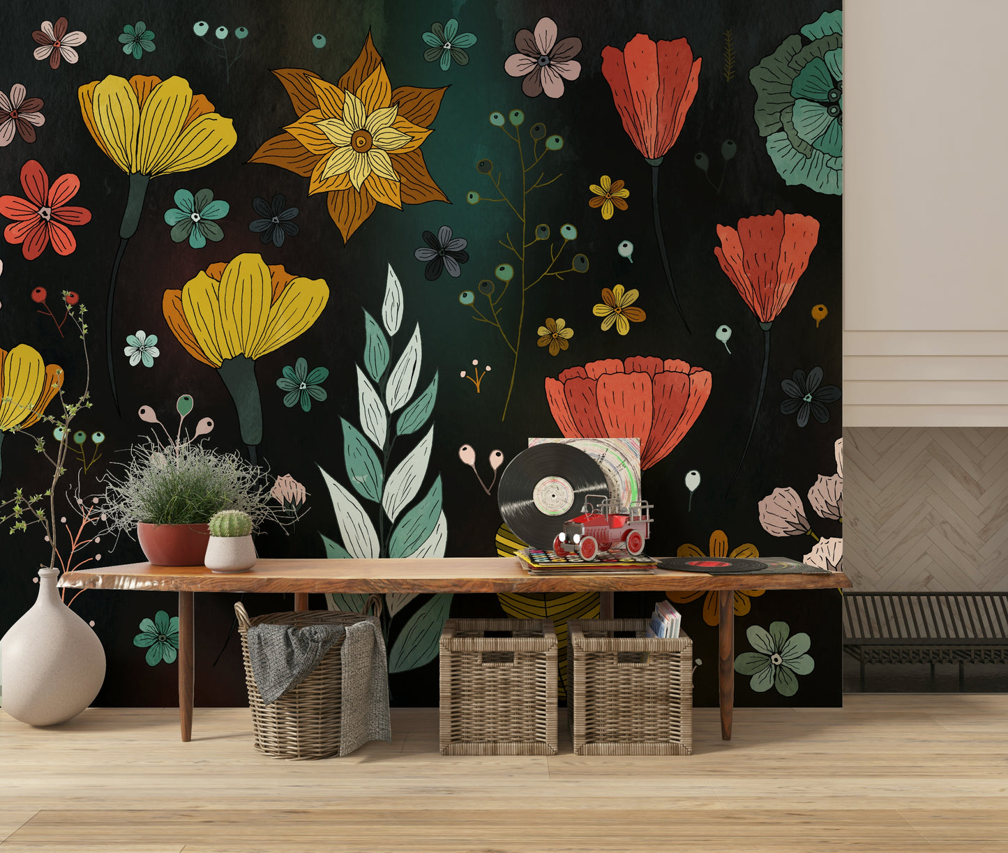 A beautiful subtle floral wallpaper mural with harmonious, balanced bloom clusters.