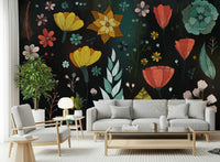 An artistic delicate bloom mural on minimalist wallpaper.