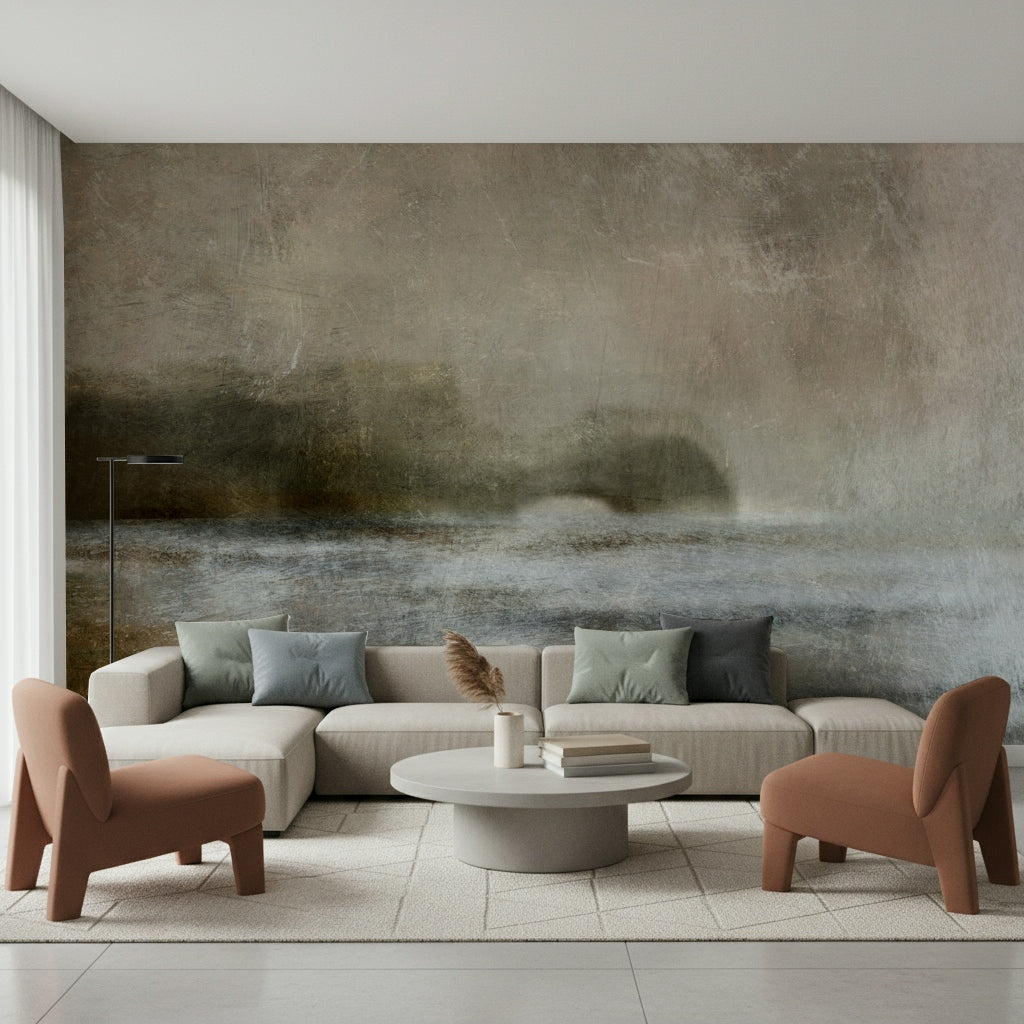 A calming abstract design wallpaper mural that defines a space.