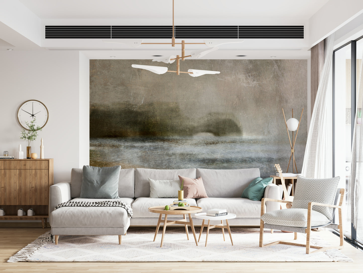 A beautiful subtle abstract wallpaper mural with a hazy shoreline effect.