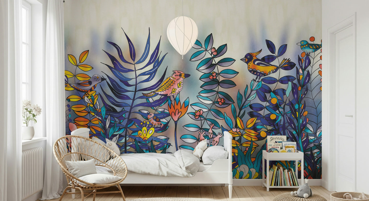 A peaceful woodland vista mural on decorative wallpaper.