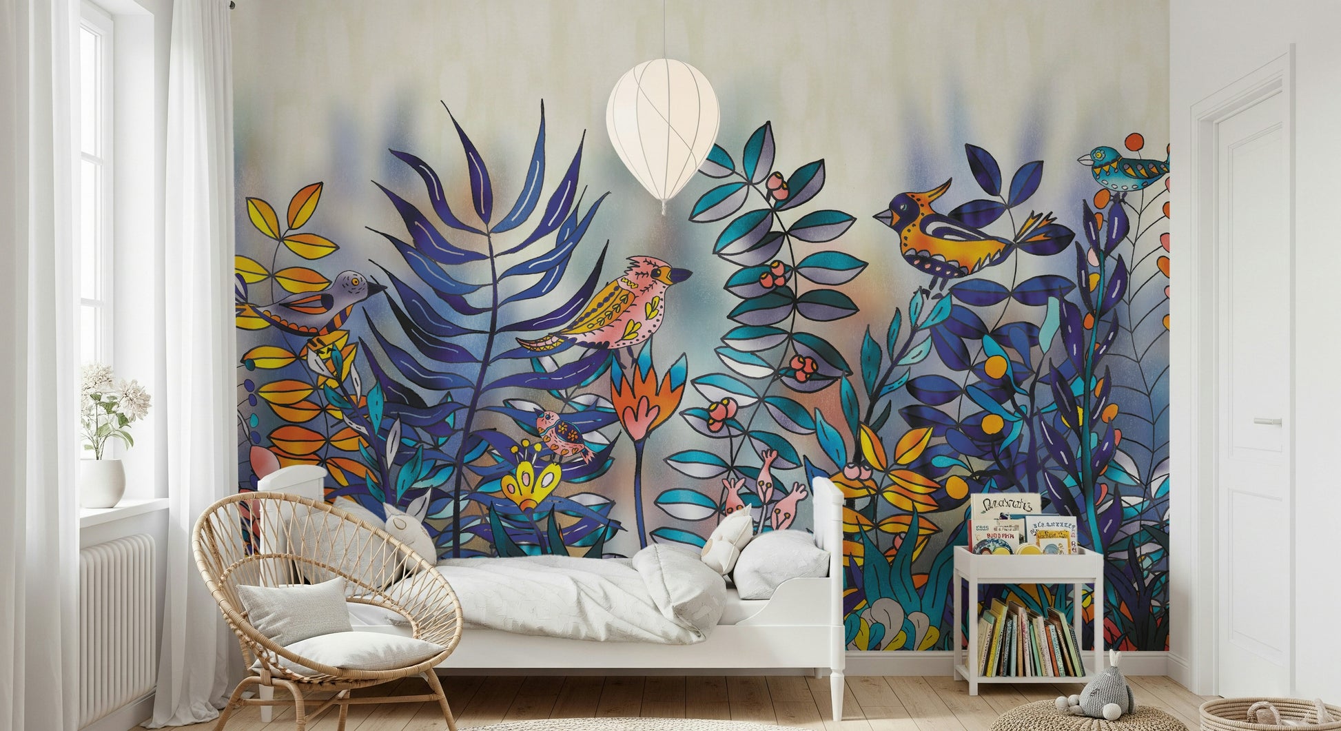 A peaceful woodland vista mural on decorative wallpaper.