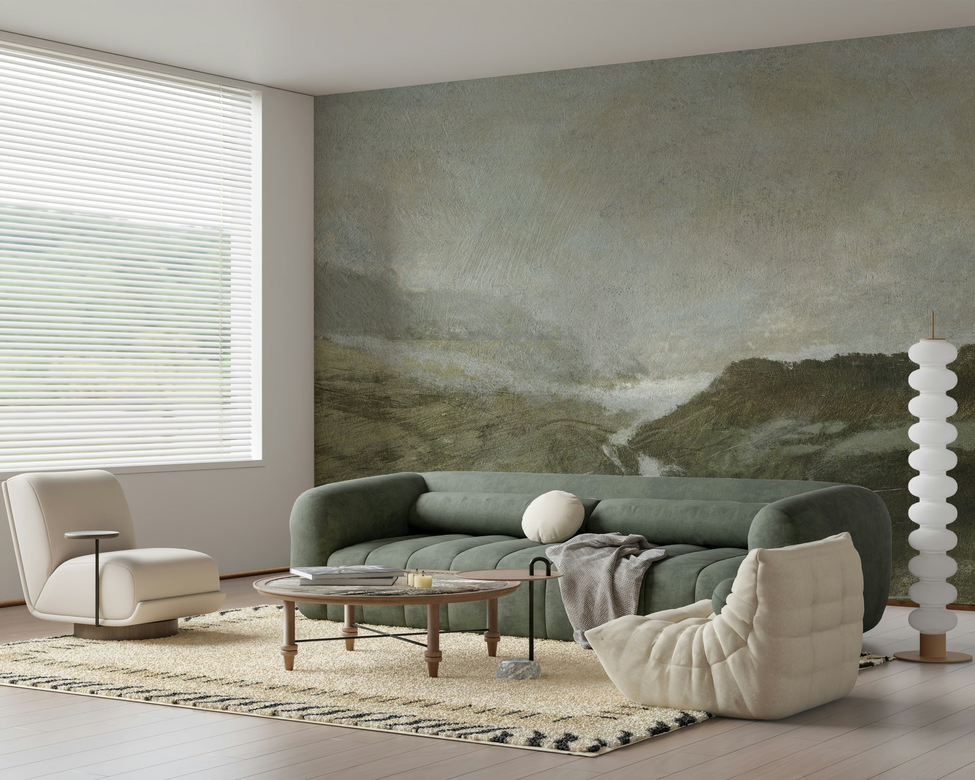 A peaceful open country mural on decorative wallpaper.