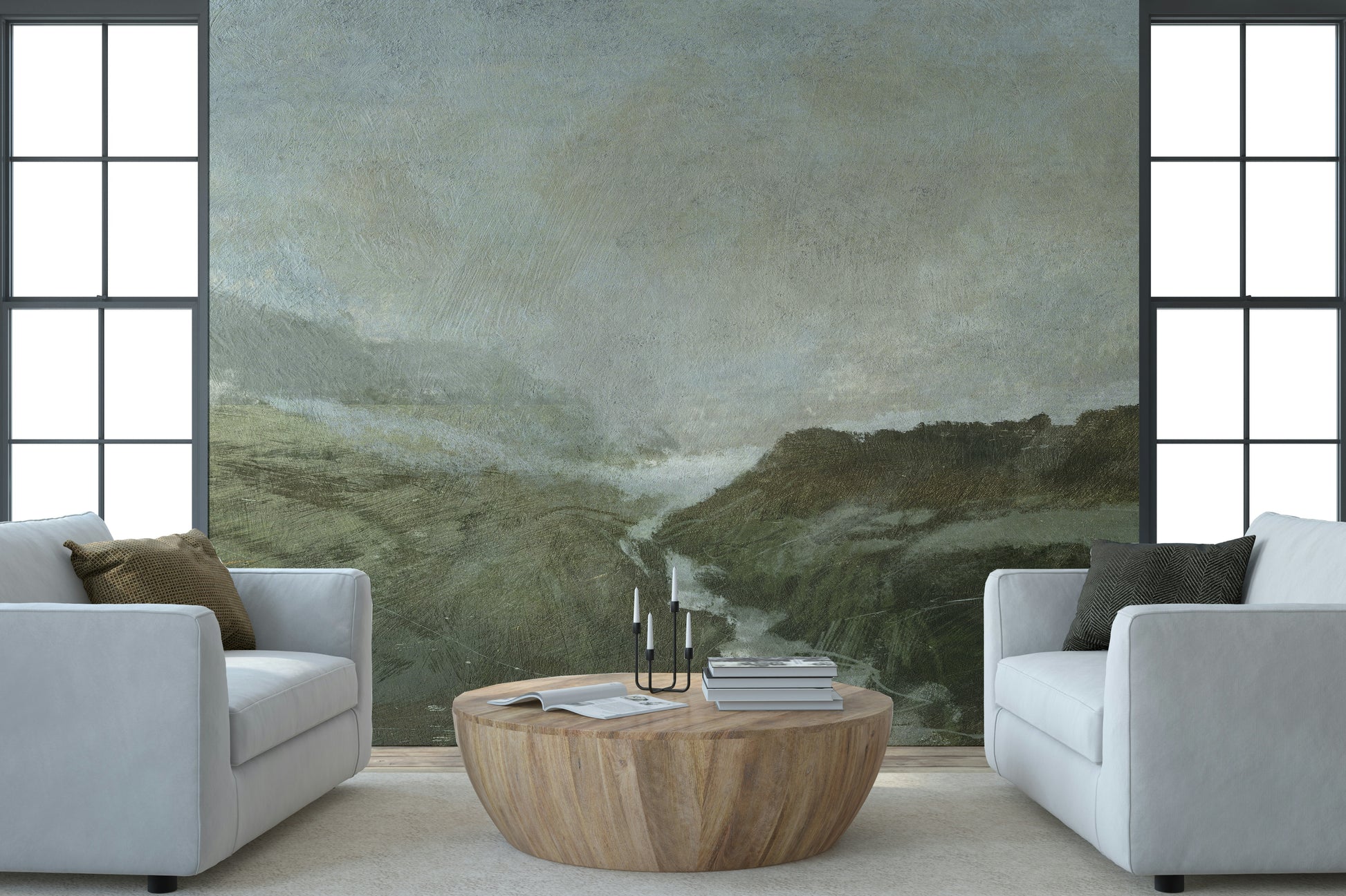 A calming serene view wallpaper mural that defines a space.