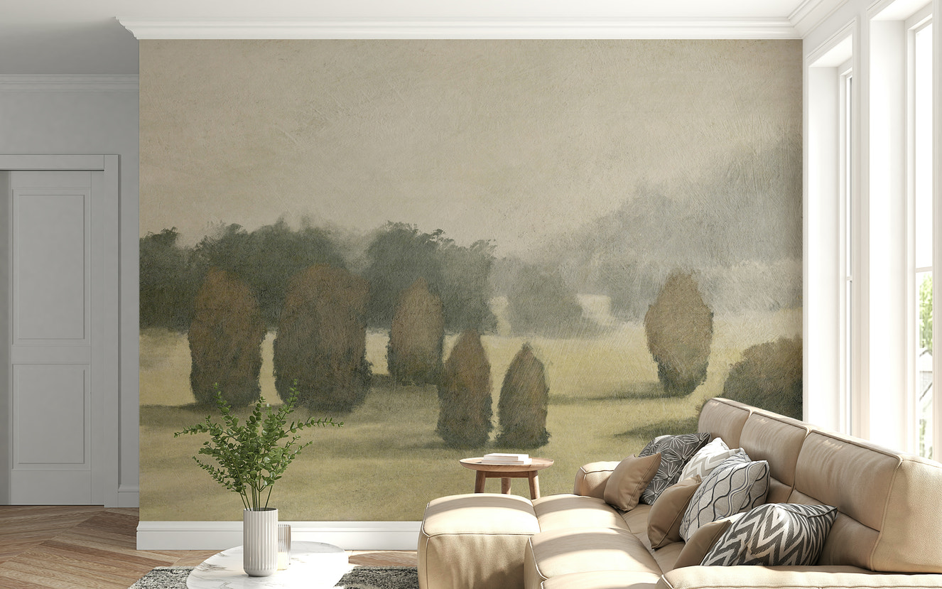 A beautiful ethereal valley wallpaper mural with soft, misty light.