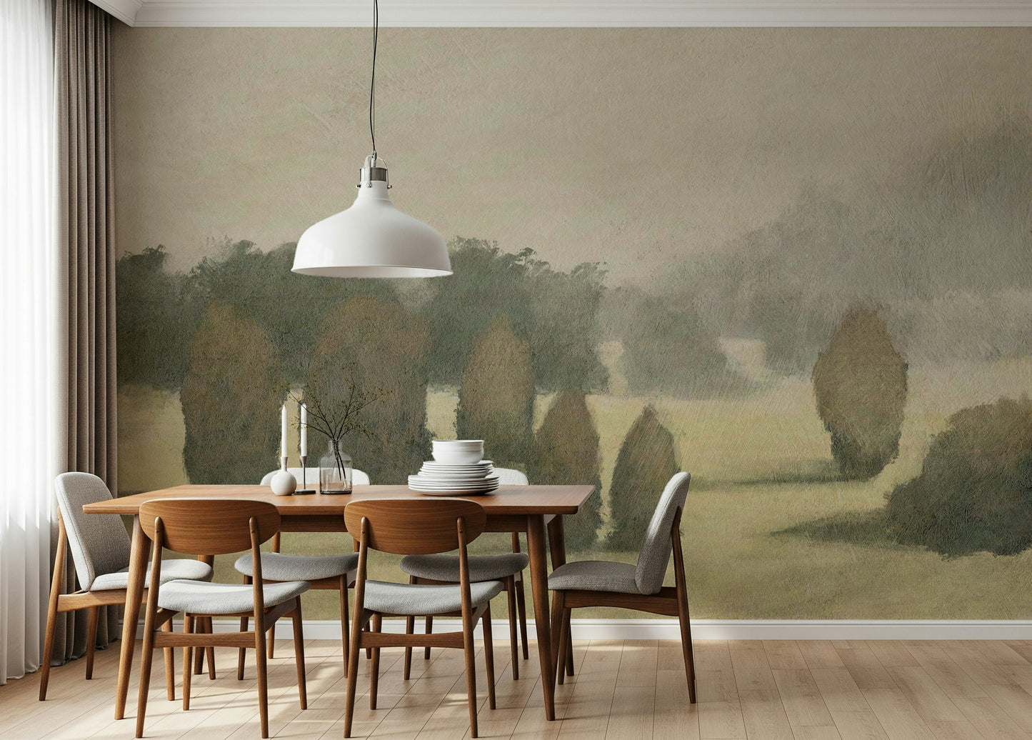 A calming serene view wallpaper mural that defines a space.