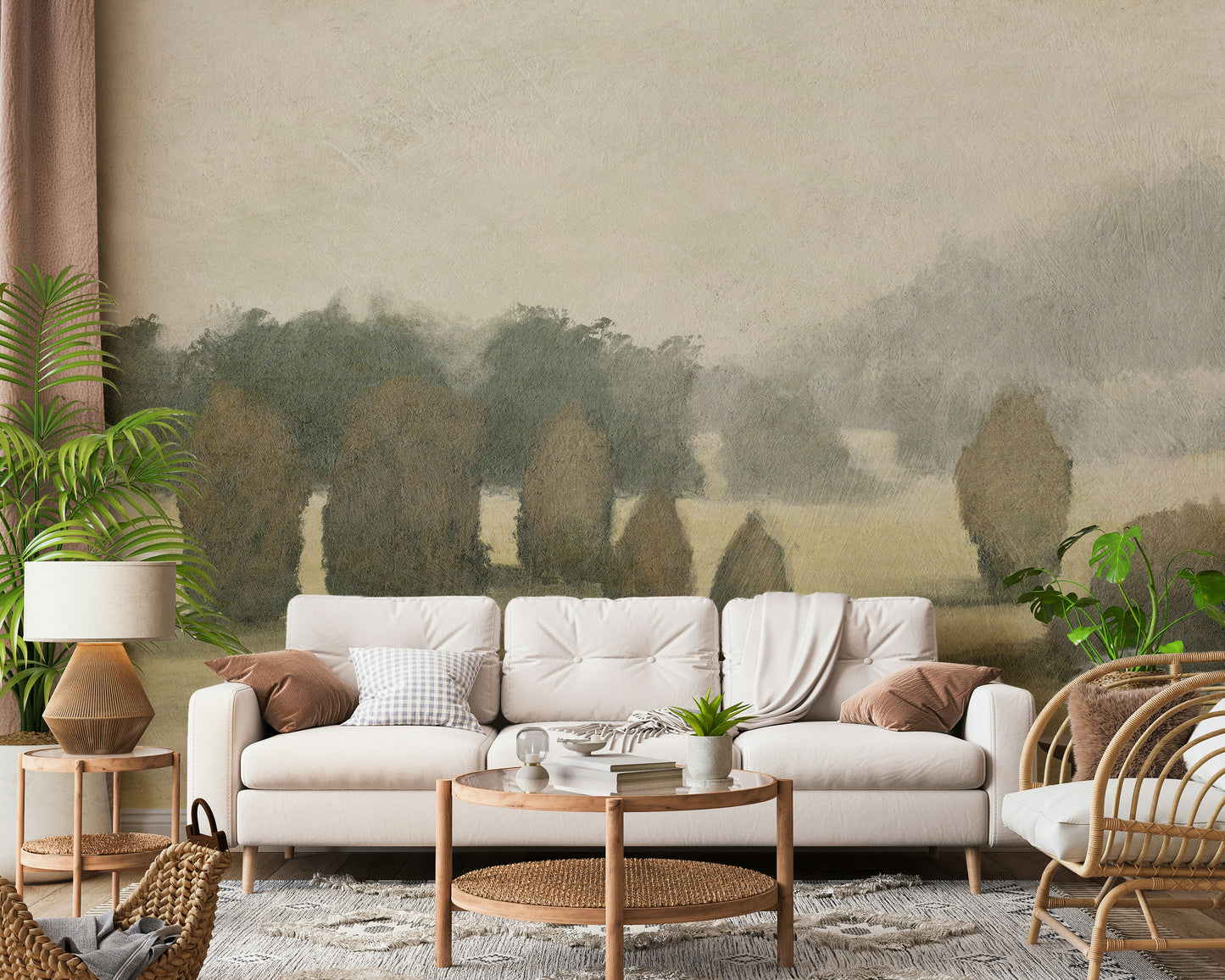 A beautiful wide-angle wall mural of a misty valley.