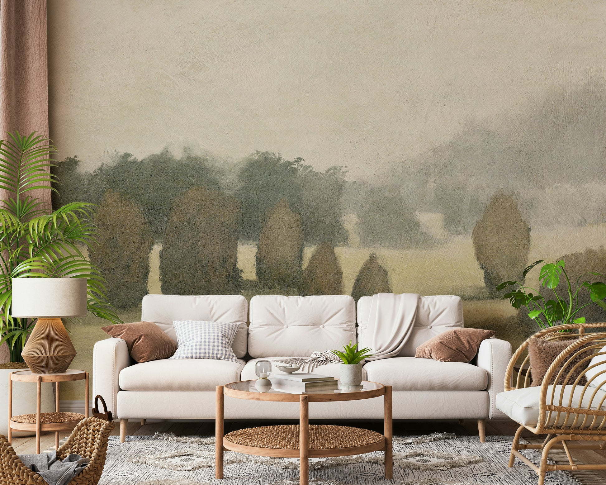 A beautiful wide-angle wall mural of a misty valley.