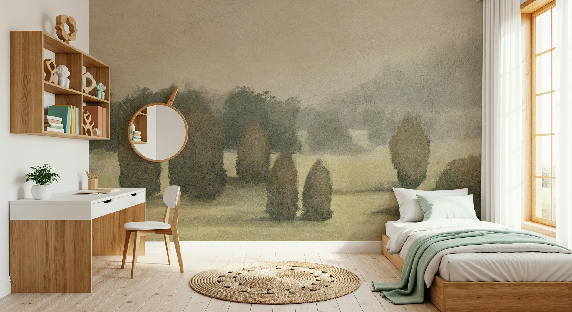 A peaceful open valley mural on decorative wallpaper.
