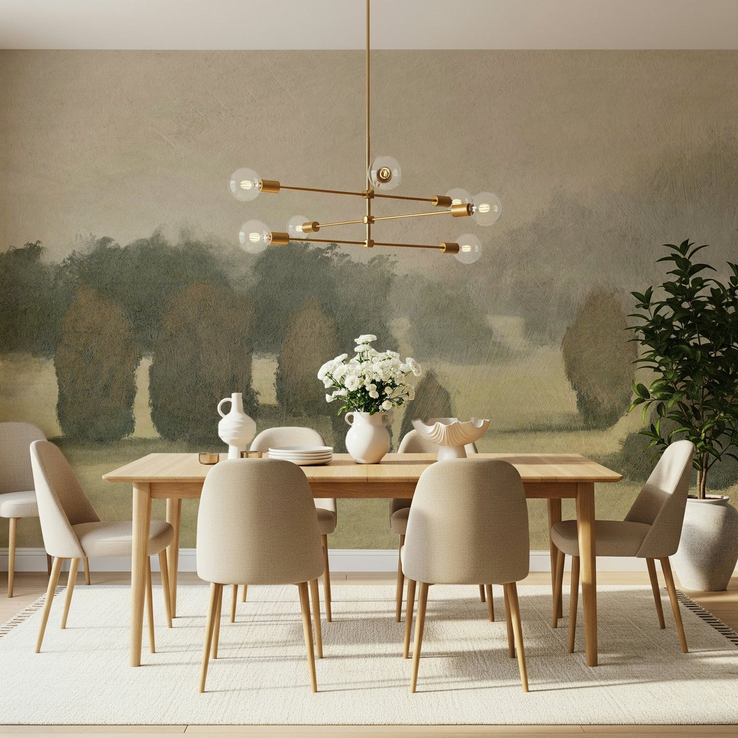 A graceful subtle light wall mural in cool, natural tones.