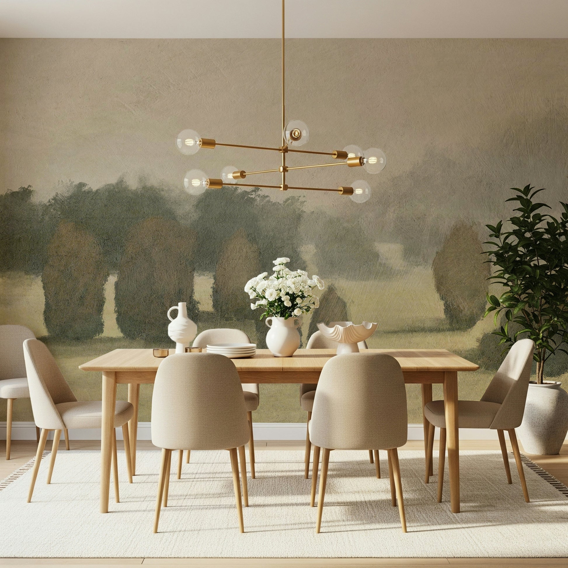 A graceful subtle light wall mural in cool, natural tones.