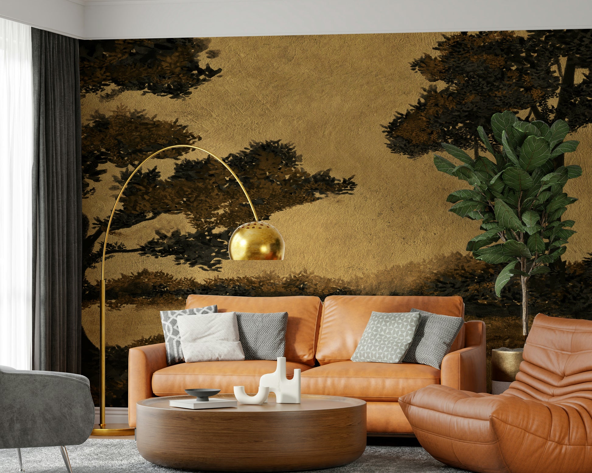 A peaceful modern abstract mural on decorative wallpaper.
