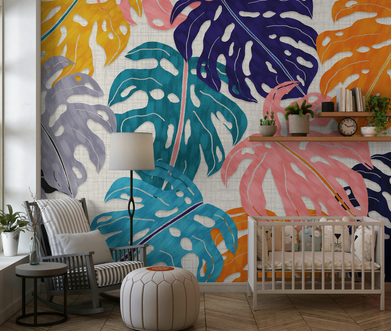 A beautiful colorful monstera leaf wallpaper mural for a modern, tropical home.