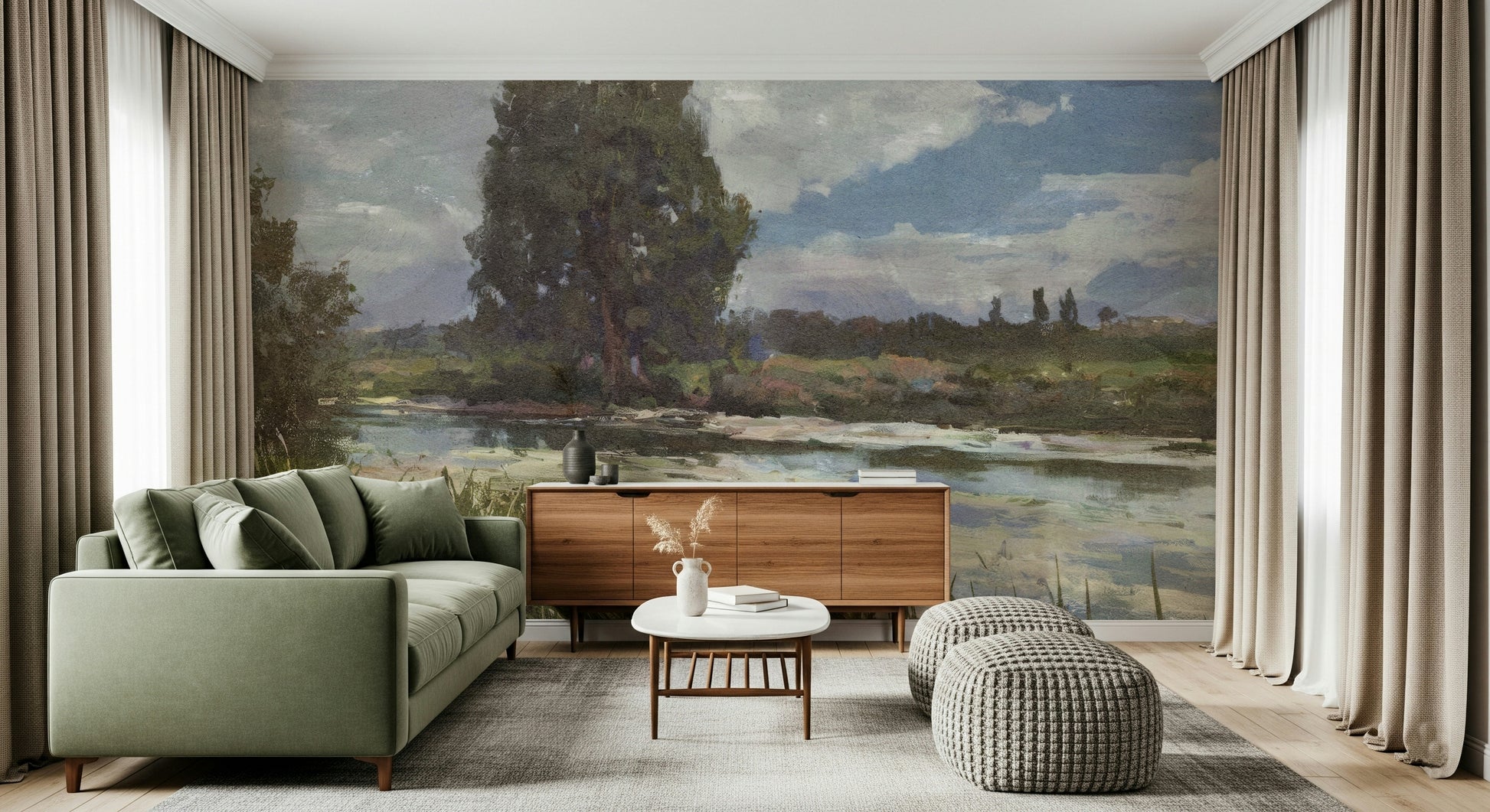 A beautiful wide-angle wall mural of a river landscape.