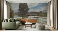 A beautiful wide-angle wall mural of a river landscape.