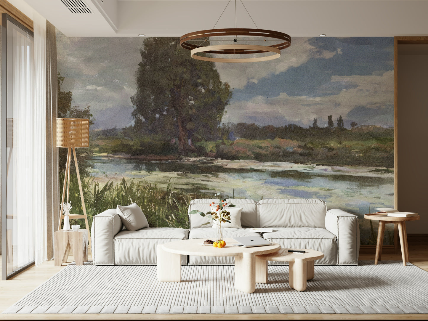 A peaceful open country mural on decorative wallpaper.