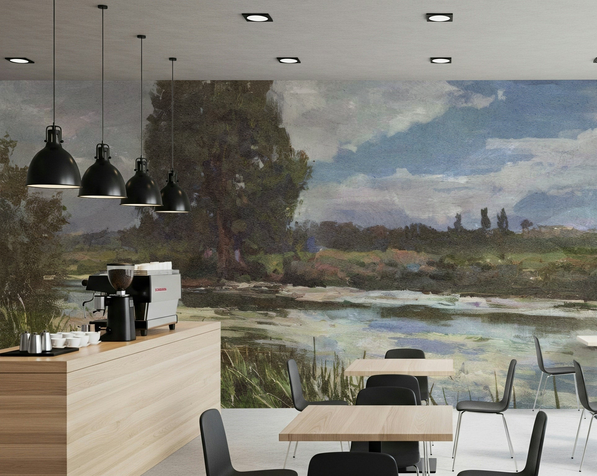 An artistic natural vista mural on scenic wallpaper.