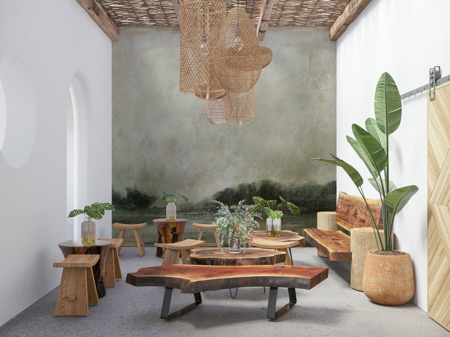 A calming serene view wallpaper mural that defines a space.