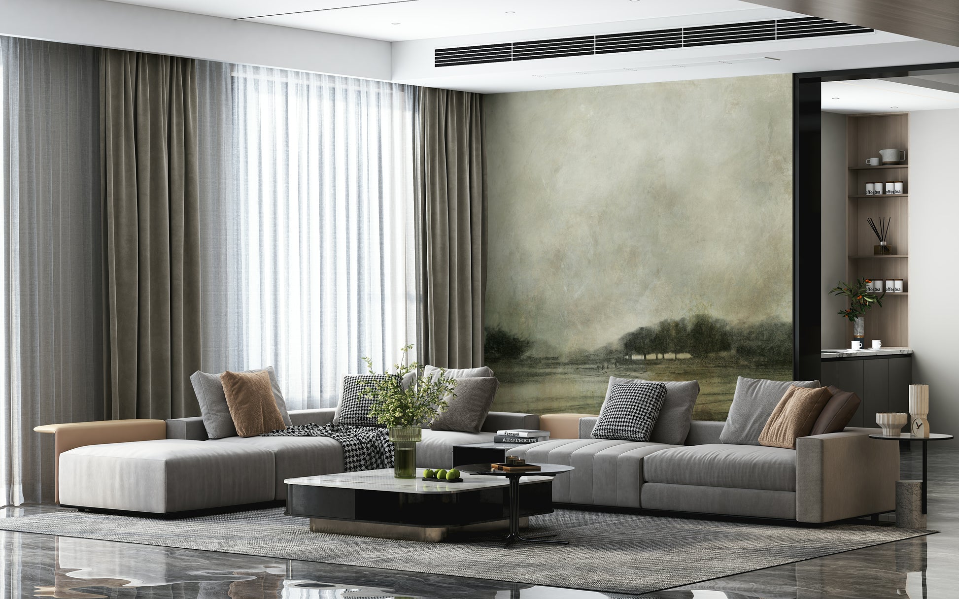 A peaceful open ocean mural on decorative wallpaper.