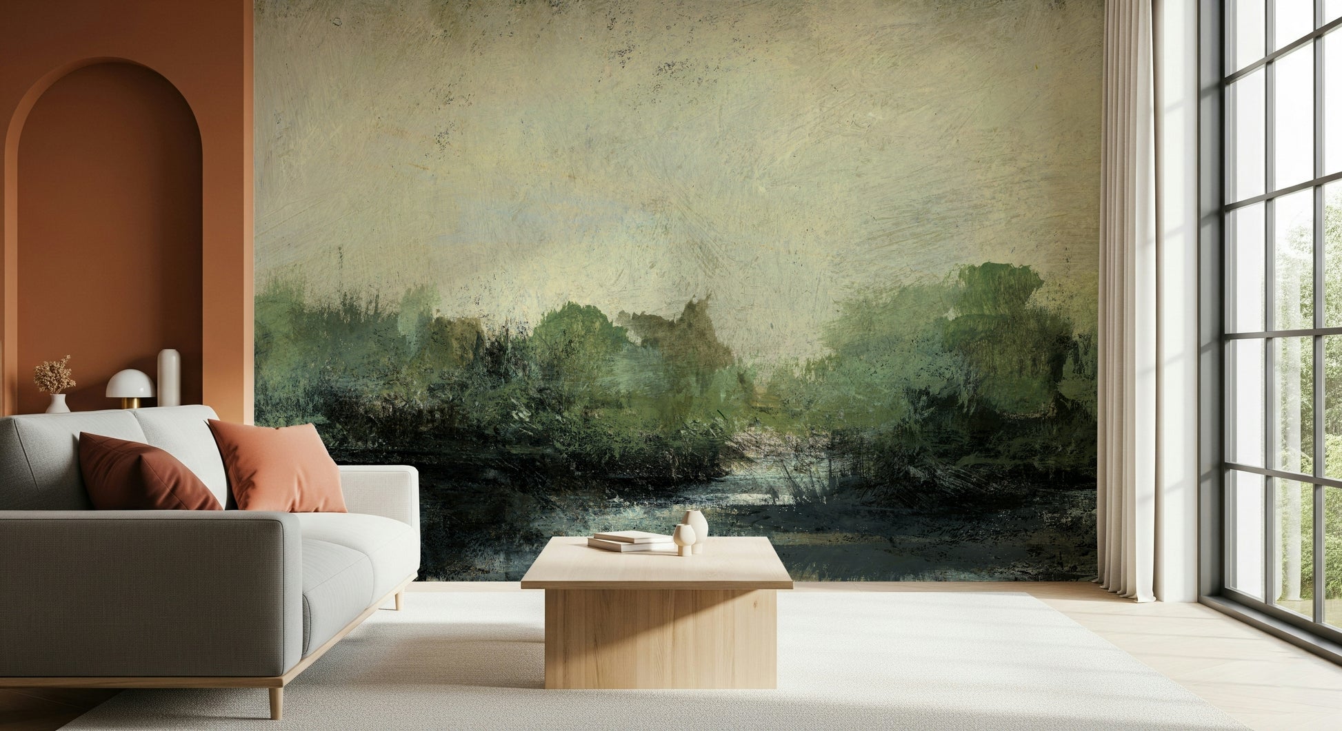 A contemplative gentle fog wallpaper mural for a feature wall.