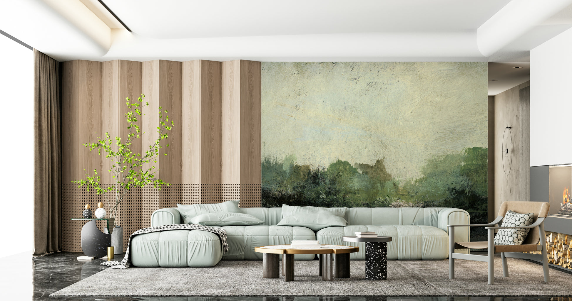 An artistic natural vista mural on scenic wallpaper.
