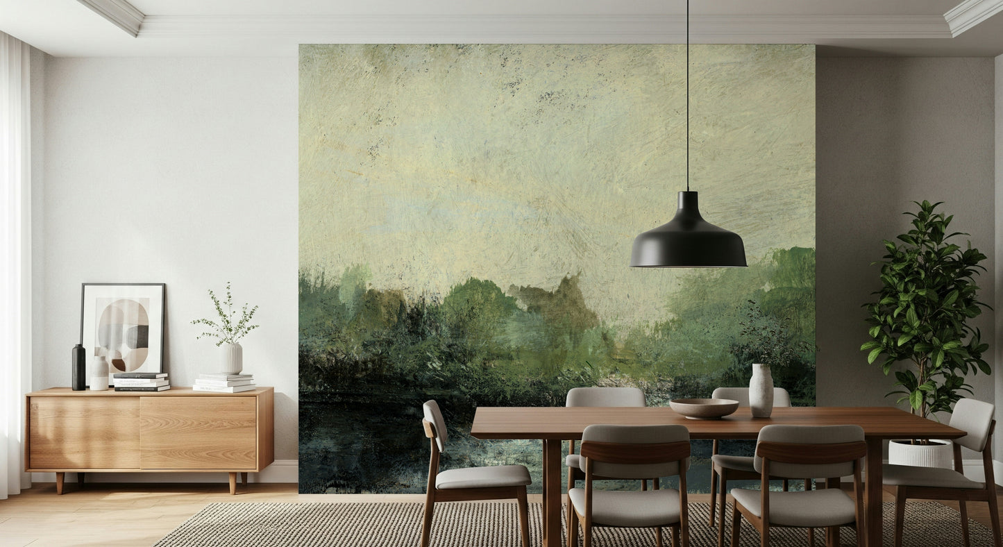 A peaceful open country mural on decorative wallpaper.