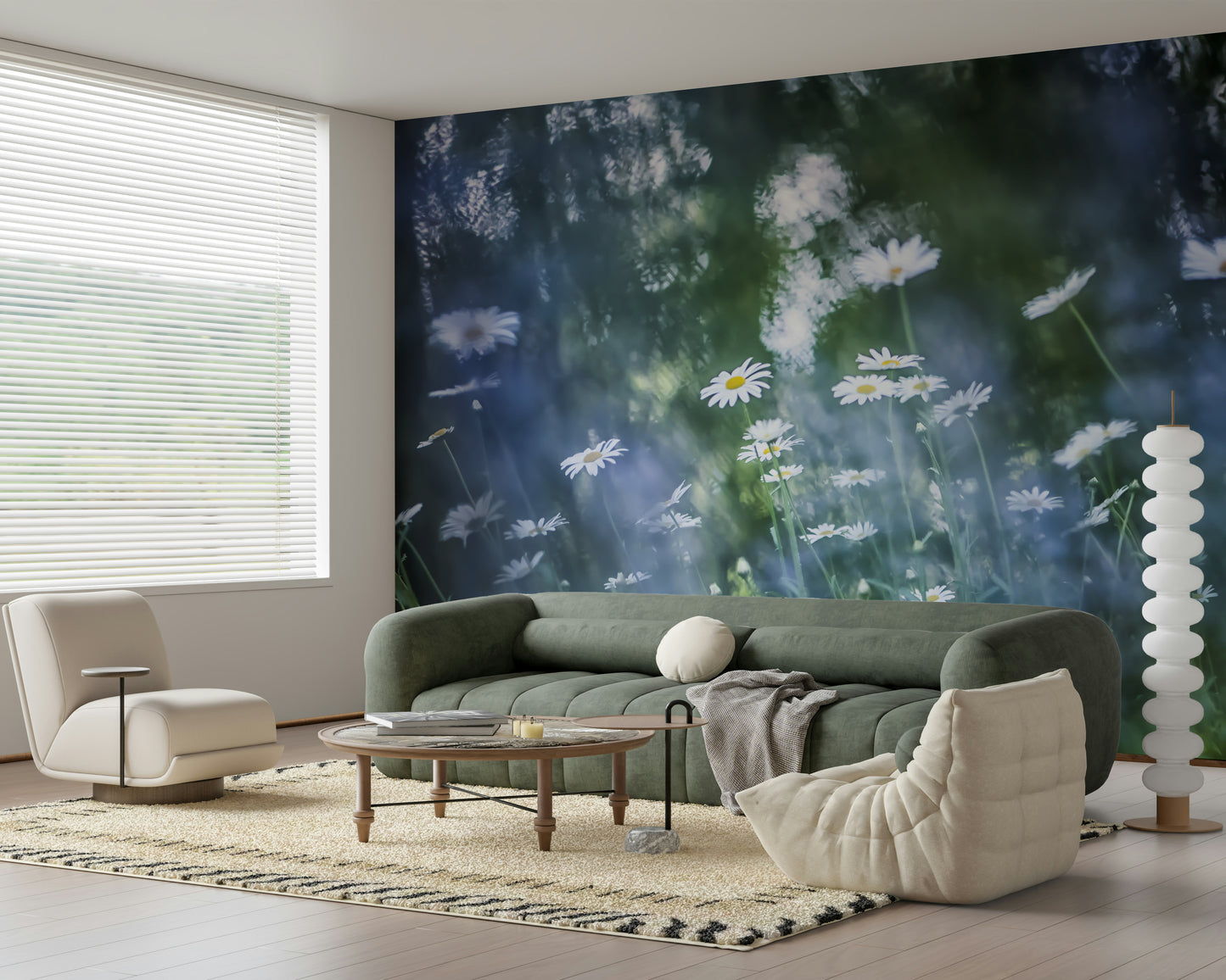 A beautiful daisy dreamscape wallpaper mural with soft, subtle flowers.