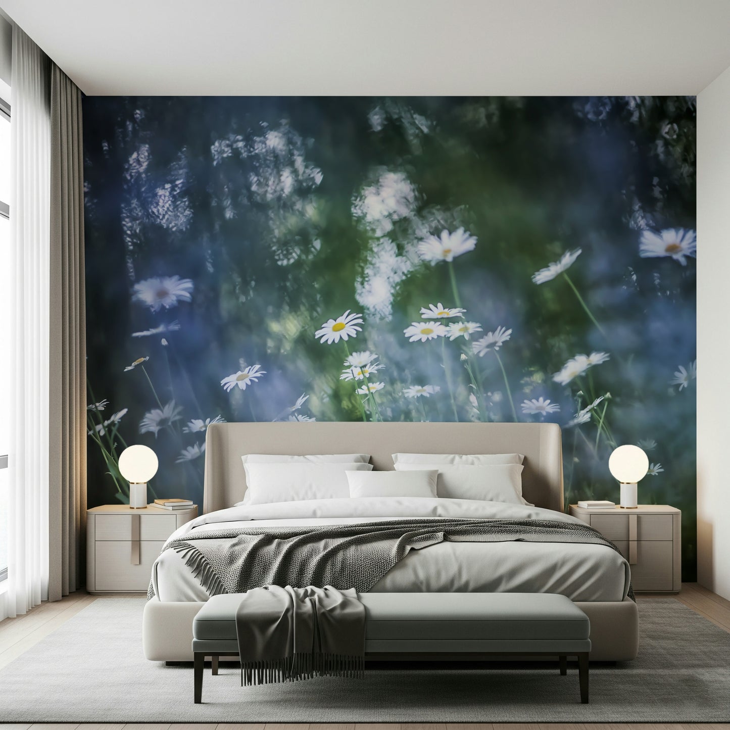 A calming floral design wallpaper mural that defines a space.