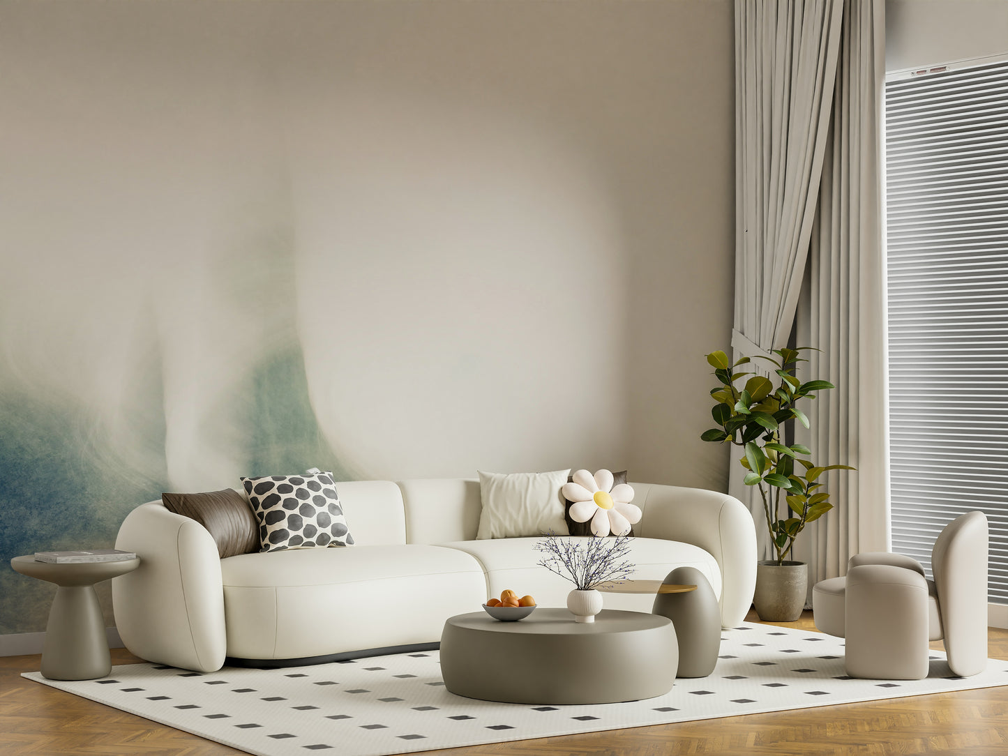 A beautiful subtle abstract wallpaper mural with a hazy, indistinct texture.