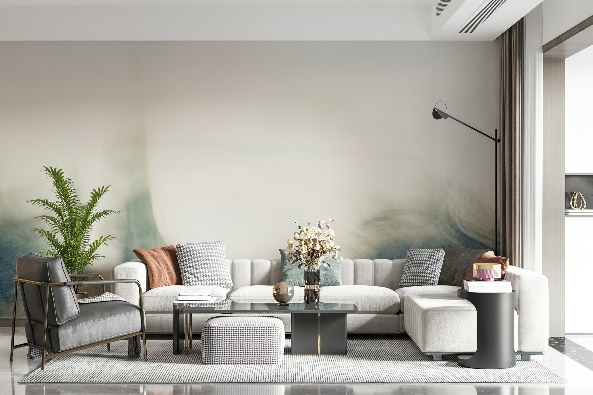 An artistic minimalist form mural for home decor.