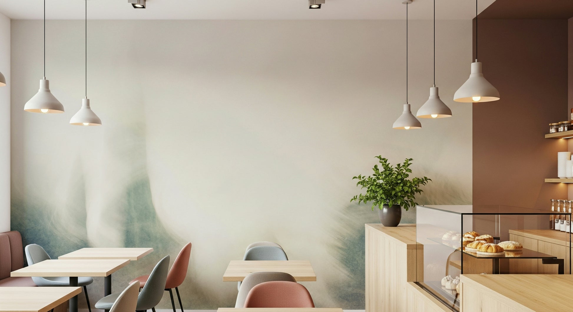 A peaceful modern abstract mural on decorative wallpaper.