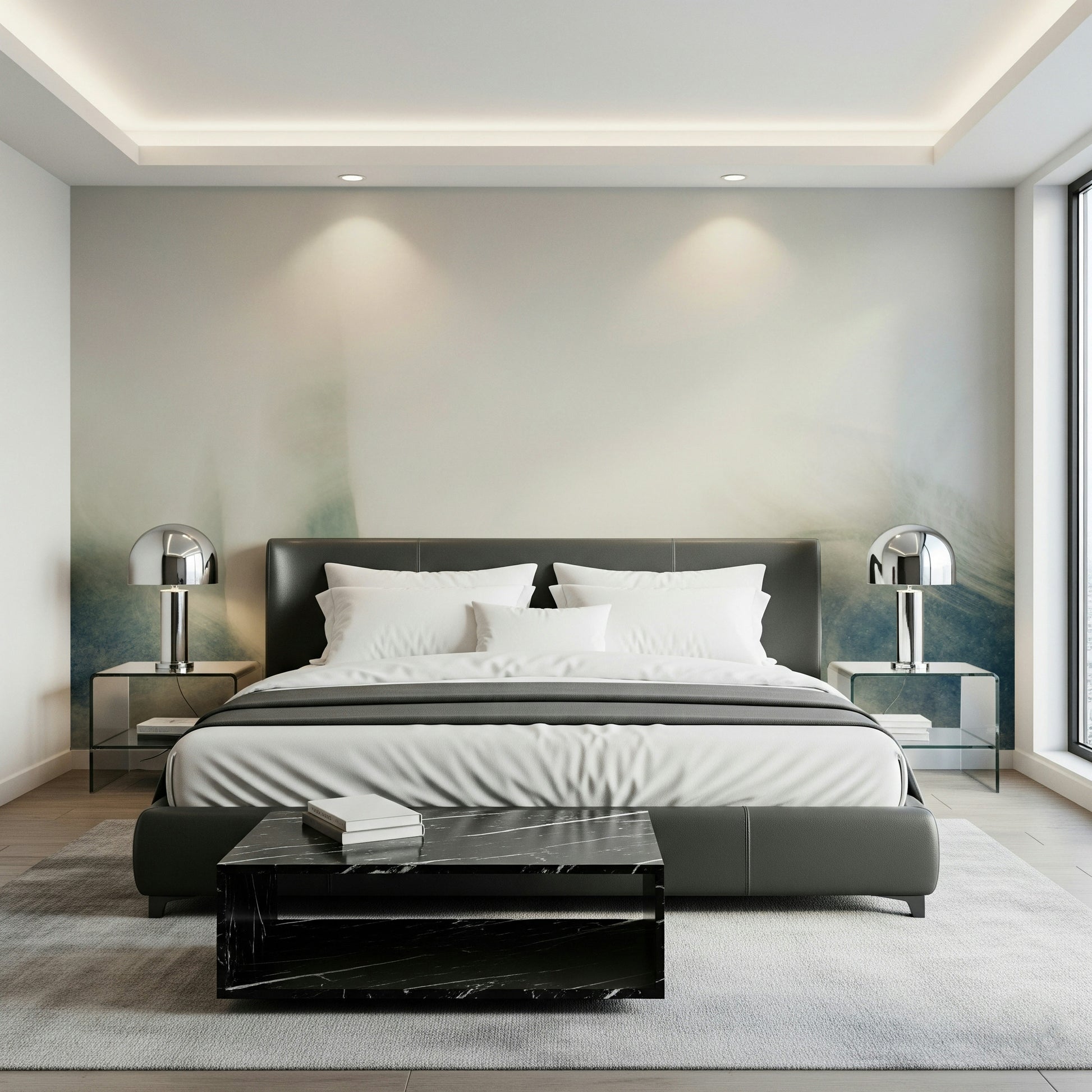 A calming abstract design wallpaper mural that defines a space.