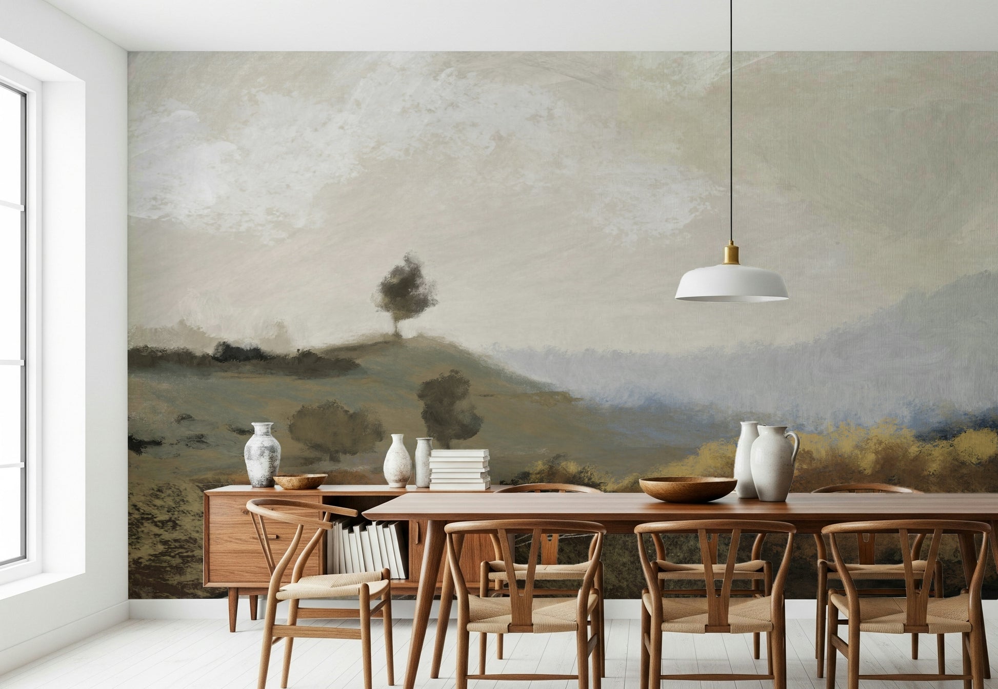 An artistic soft focus mural on minimalist wallpaper.