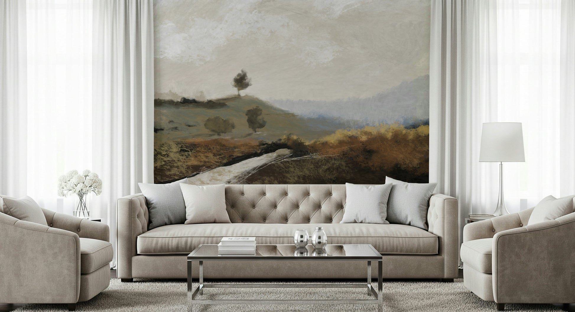 A serene abstract landscape wall mural for your decor.