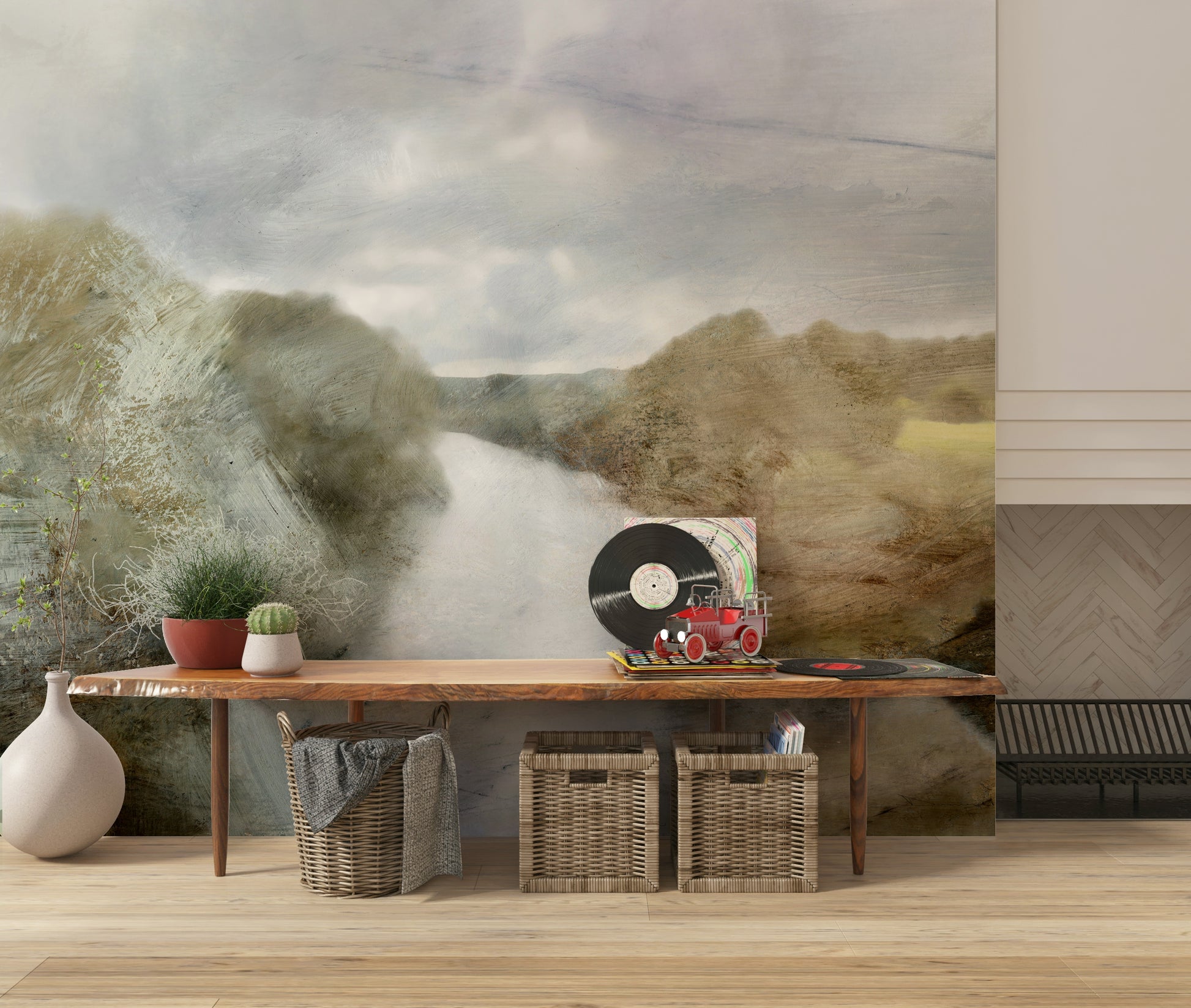 A peaceful modern abstract mural on decorative wallpaper.