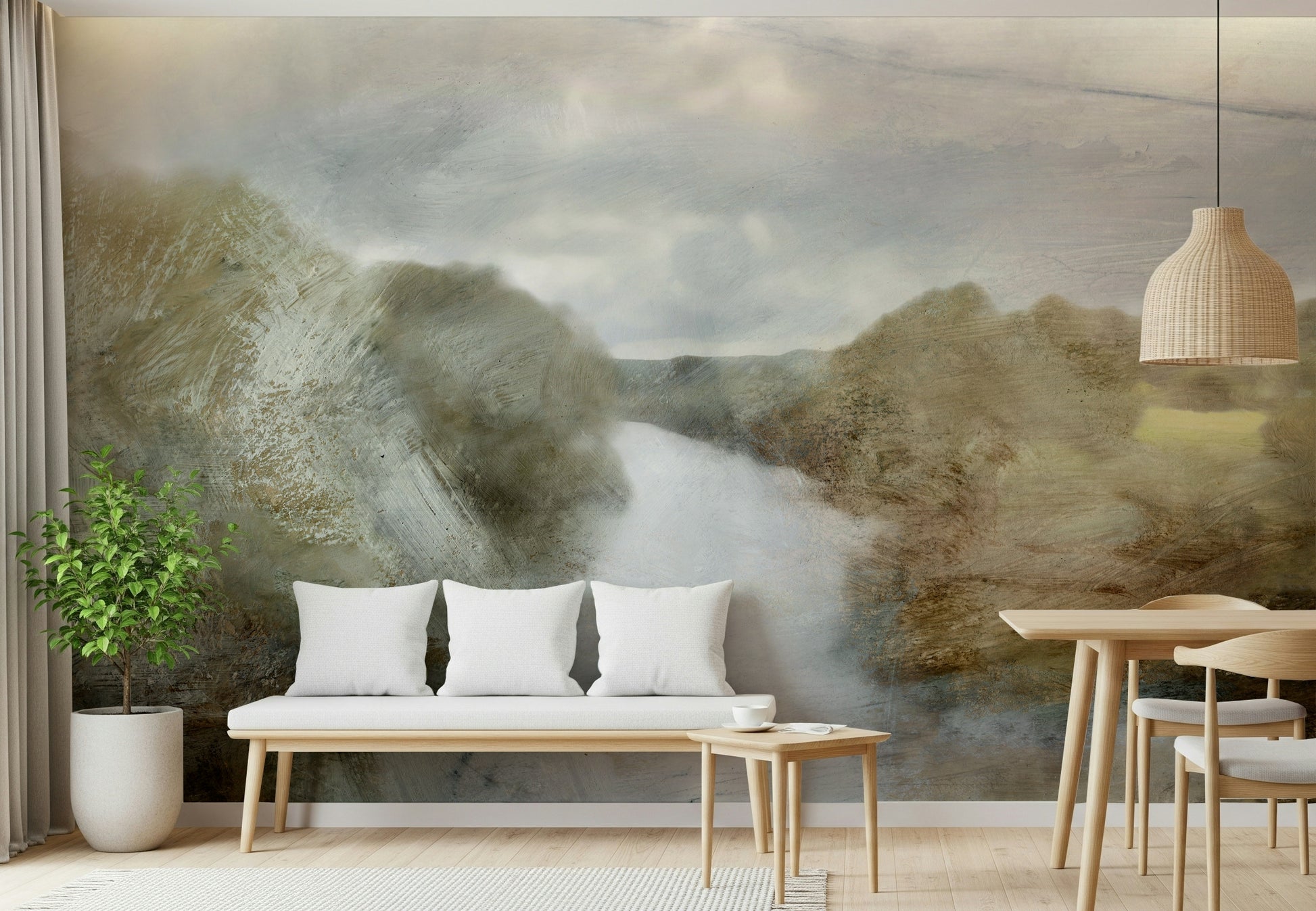 A graceful subtle pattern wall mural in cool, tranquil tones.