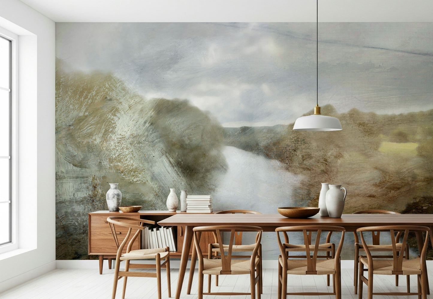 A calming abstract design wallpaper mural that defines a space.