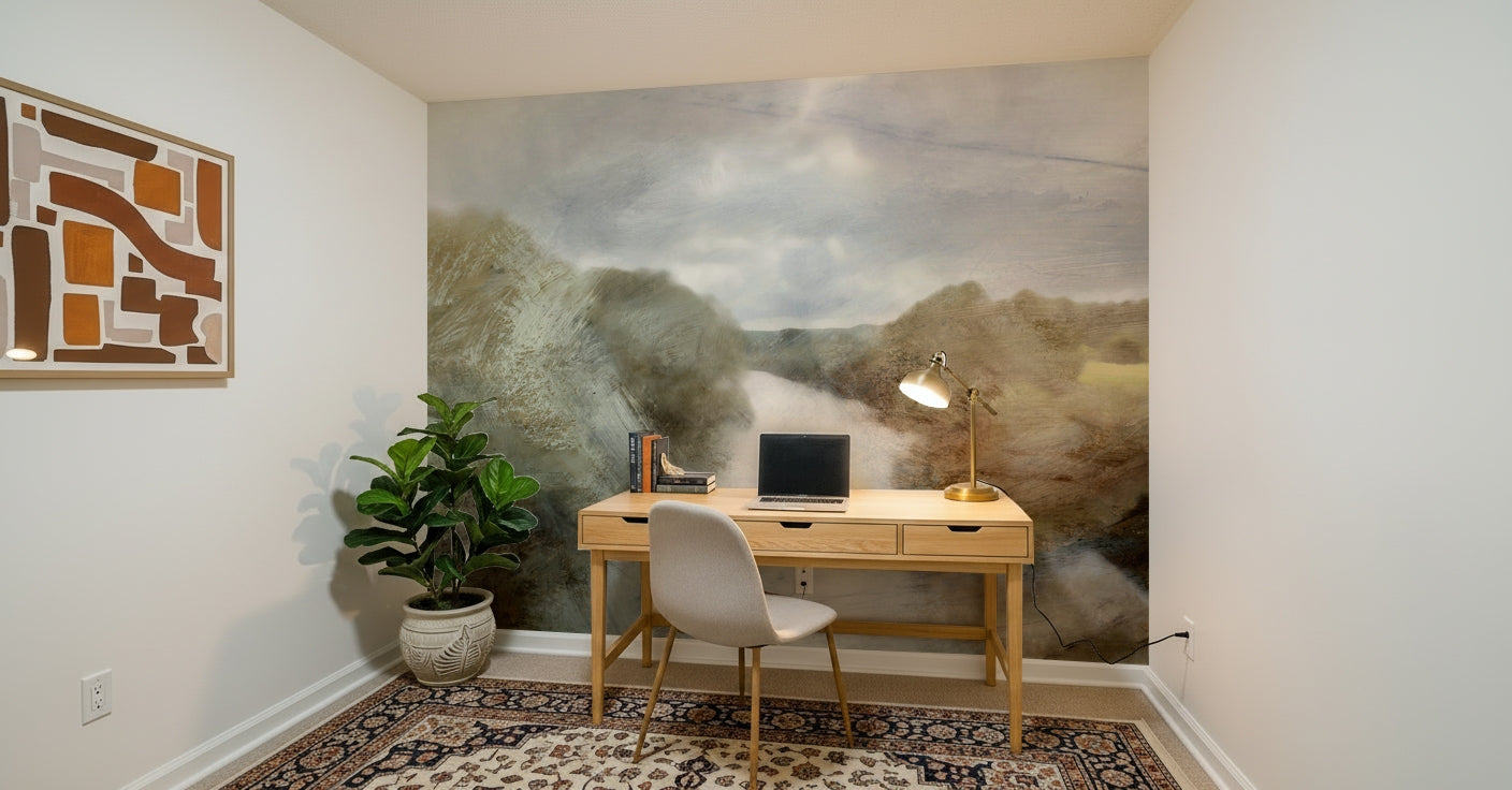 A beautiful subtle river wallpaper mural with a hazy, flowing texture.