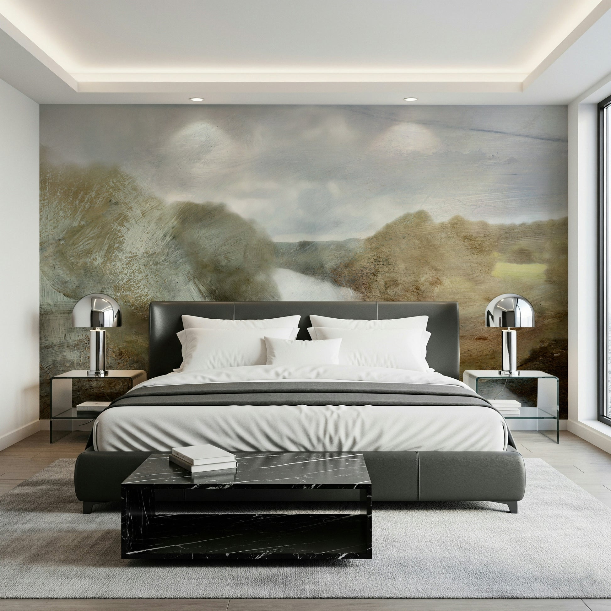 An artistic soft focus mural on minimalist wallpaper.