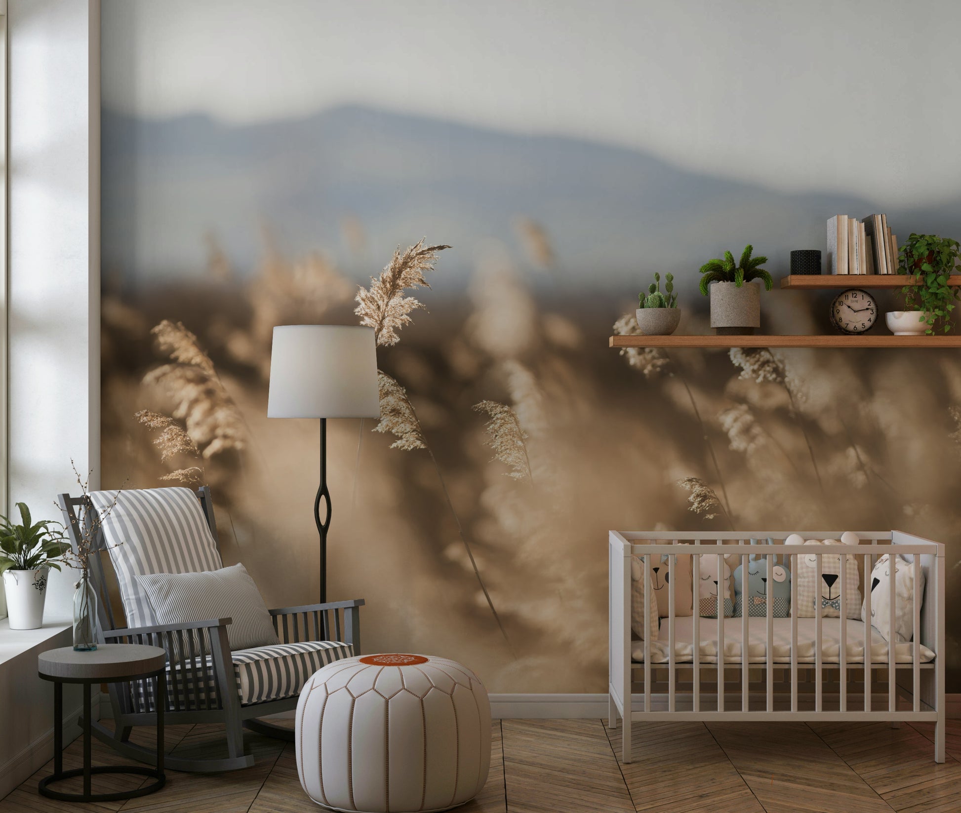 A calming serene view wallpaper mural that defines a space.